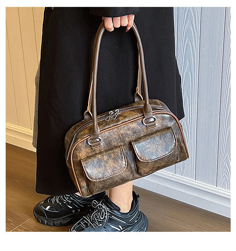 Retro Small Double Pockets Shoulder Bags for Women 2025 New Fashion Trend Designer Underarm Bag Female Handbags and Purses