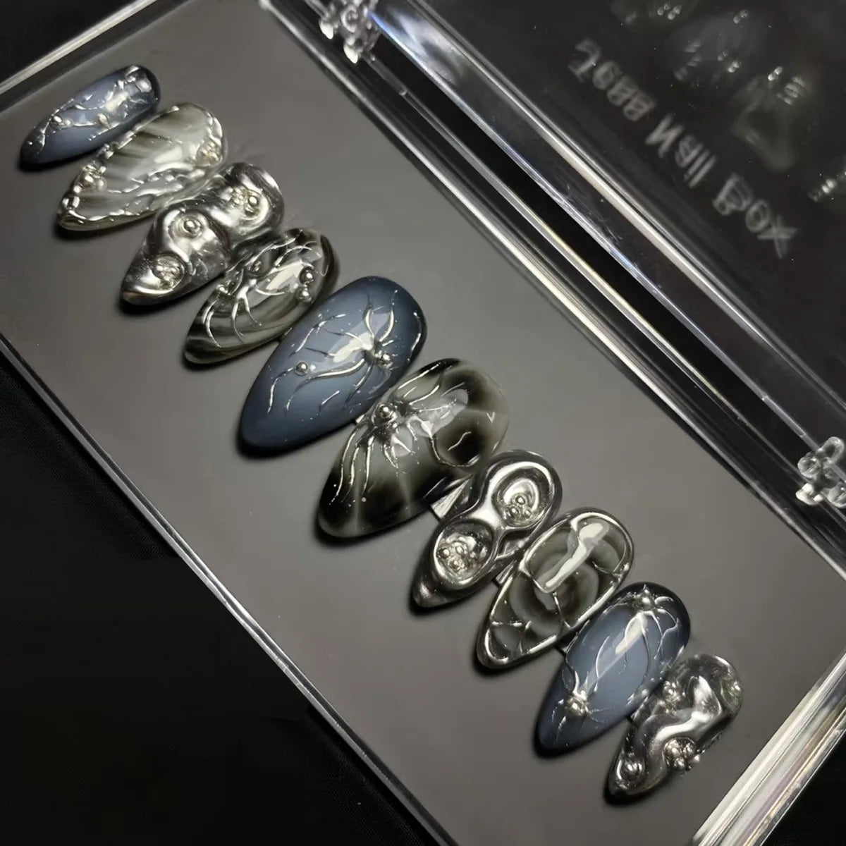 24Pcs False Nails Spicy Girl Silver Bow with Diamond Fake Nails with Glue Almond Press on Nails Black Cool Y2k Almond Nail Set