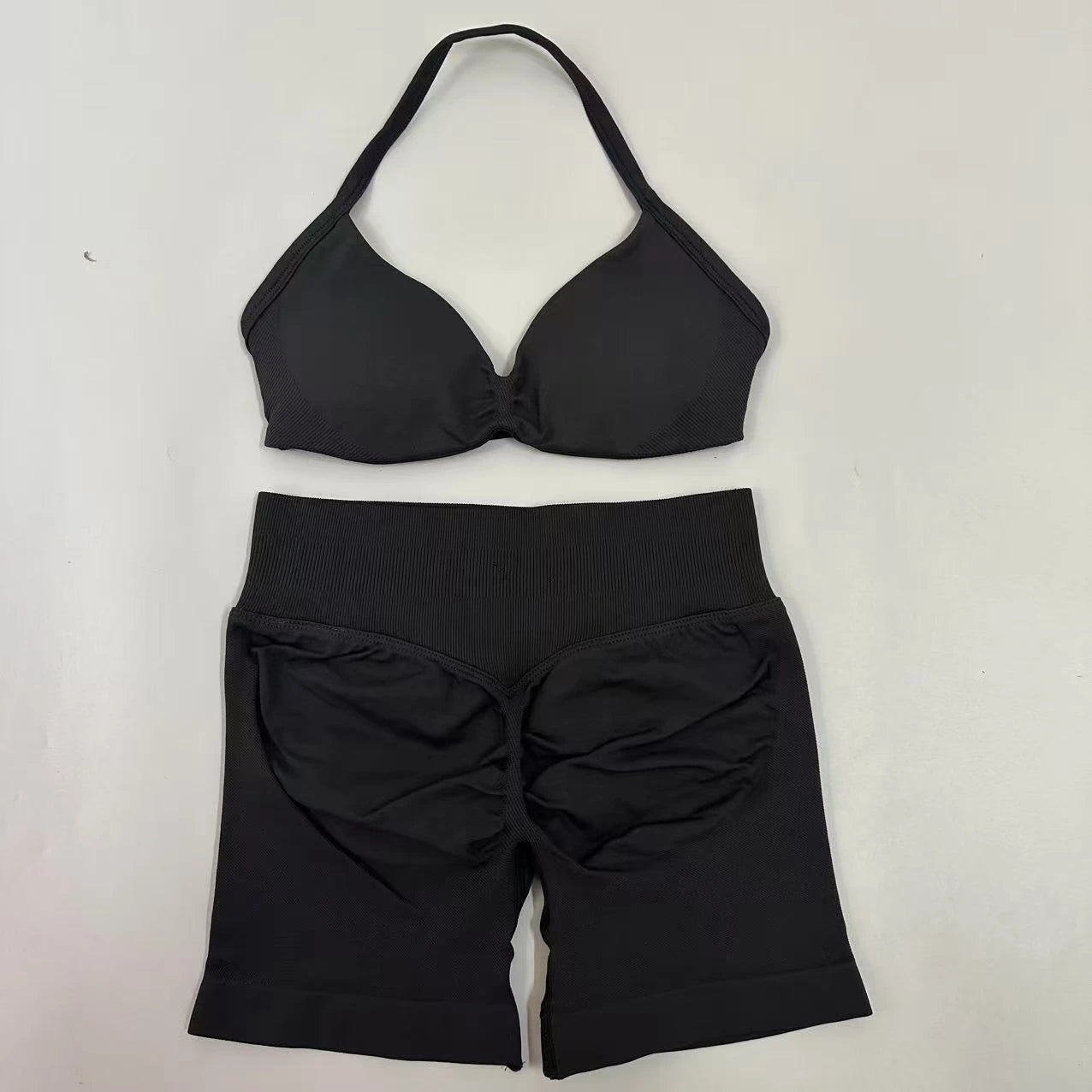No Logo Yoga Gym Set Women Seamless Strappy Yoga Bra Top High Waist Workout Scrunch Shorts Sports Set Fitness Clothes Sportswear