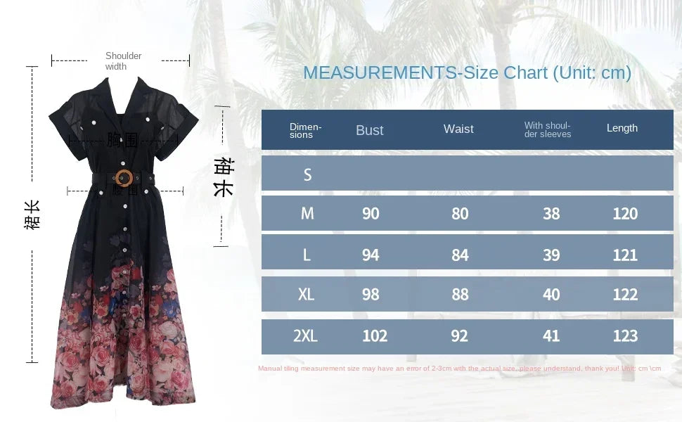 Real Shot Design Sense Positioning Print Single-Breasted Elegant Shirt A-Line Pocket Dress with Belt + Strap
