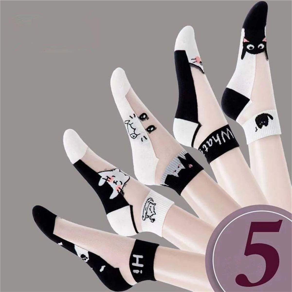 Dreamlikelin 5Pairs/lot Summer Socks Black and White Cat Glass Silk Breathable Female Socks Simple Short Socks