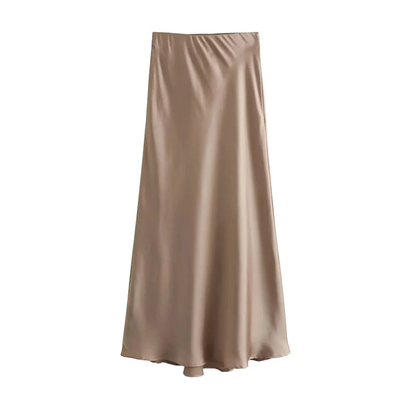 TRZA Women's Soft Touch Silk-Like Midi Skirt High Waist Elastic Waistband Chic Fashion Female Skirts Elegant Mujer