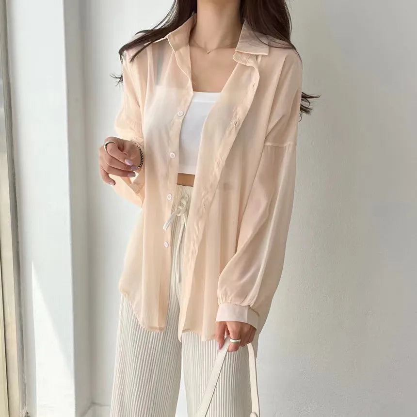 8 Colors Shirts Women Sheer Thin Chic Summer Simple Solid Sun-proof Temper Fashion Baggy All-match Basic Korean Style Clothes