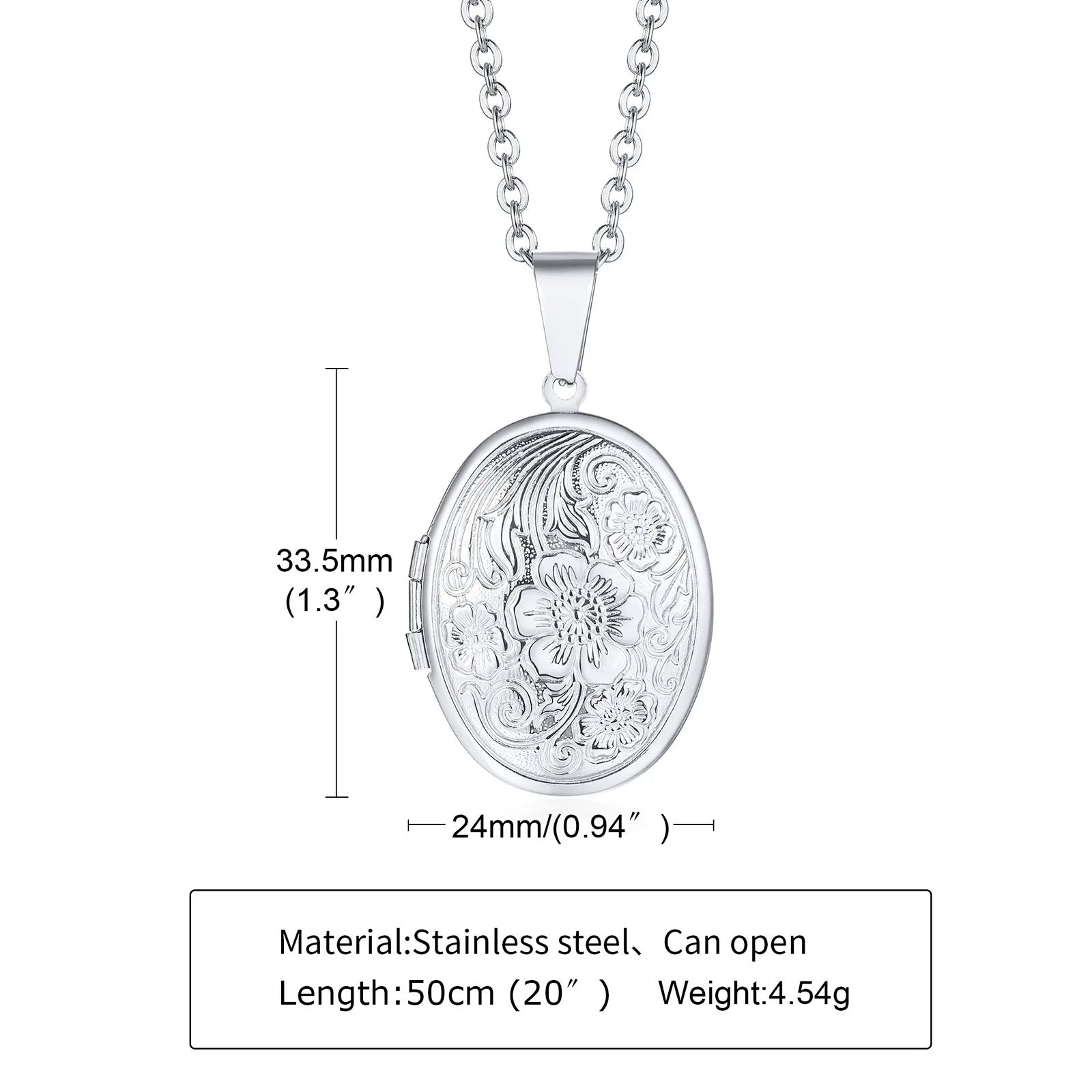 Delicate Floral Oval Heart Locket Pendant Necklaces for Women,Stainless Steel Photo Frame Promise Love Keepsake Gift