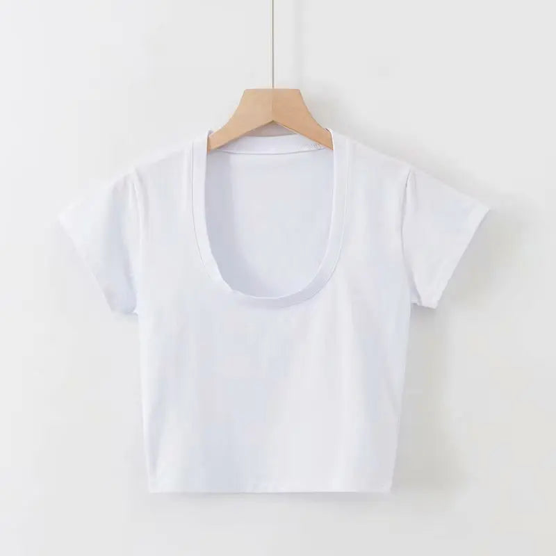 U-Neck Crop Top Solid Color Women Casual High Waist T Shirt Basic Sexy Streetwear Short Sleeve Slimming Tops