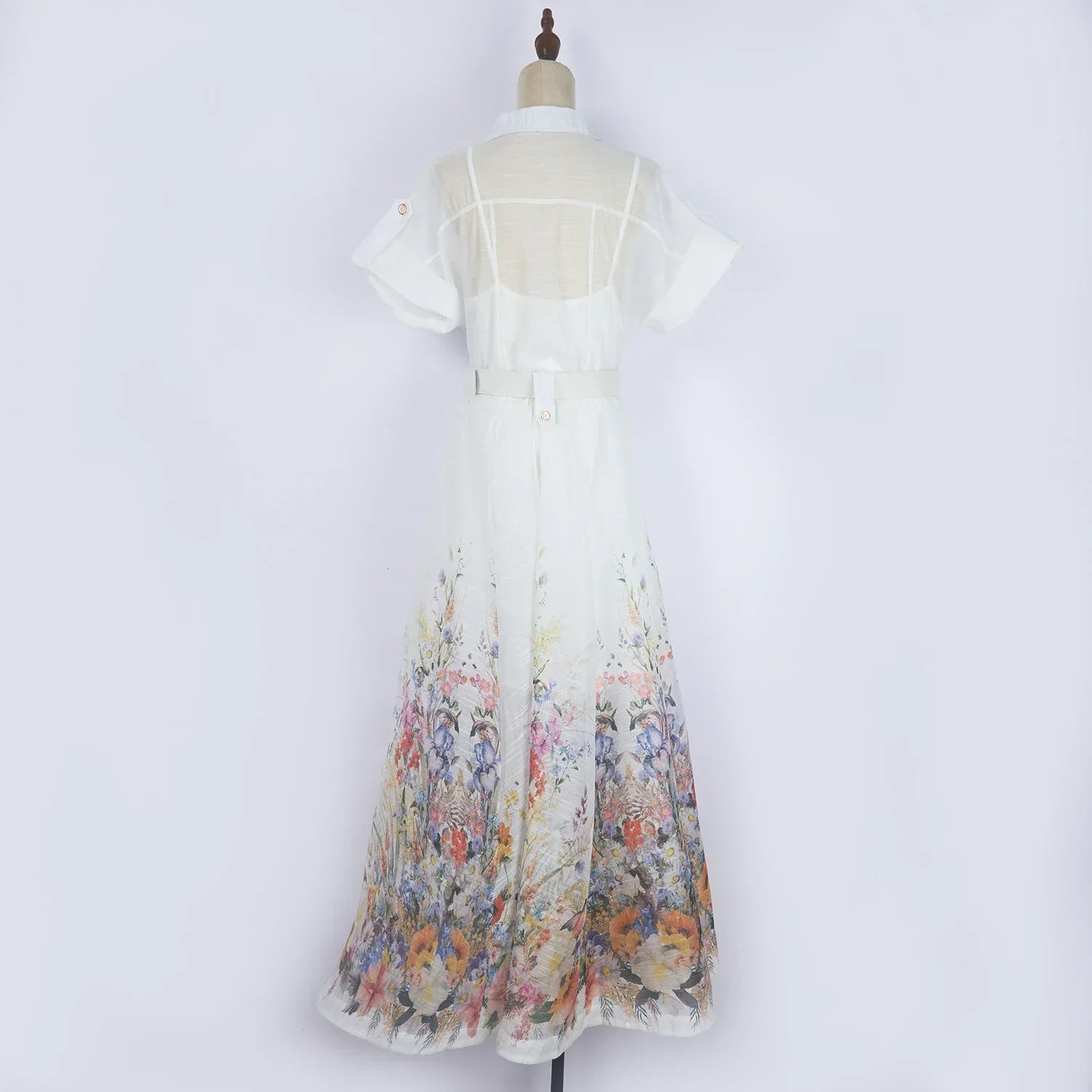 Real Shot Design Sense Positioning Print Single-Breasted Elegant Shirt A-Line Pocket Dress with Belt + Strap
