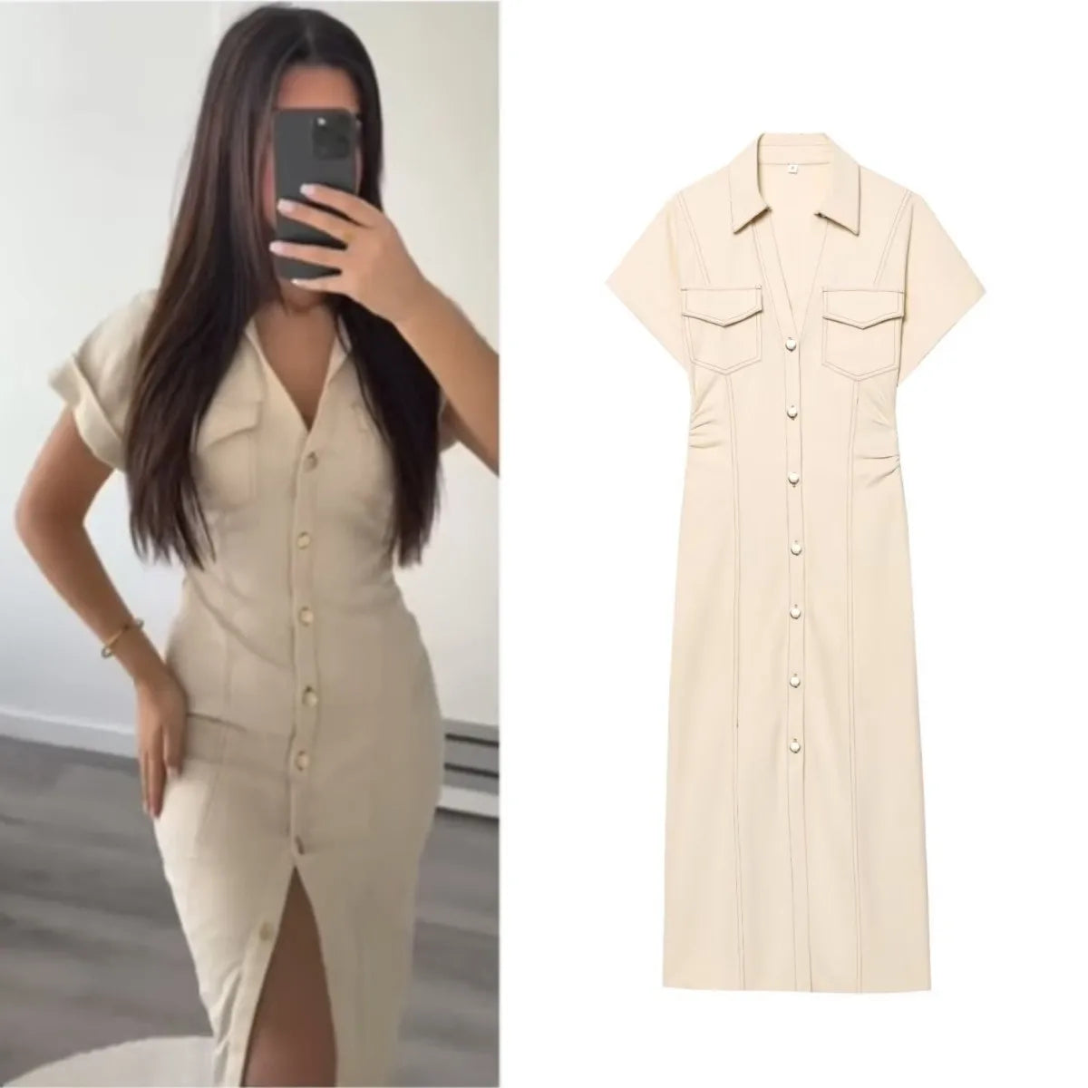 ETJ 2025 traf Spring New 1975 series denim MIDI dress with lapel side zipper fashion wrinkle waist slim elegant dress