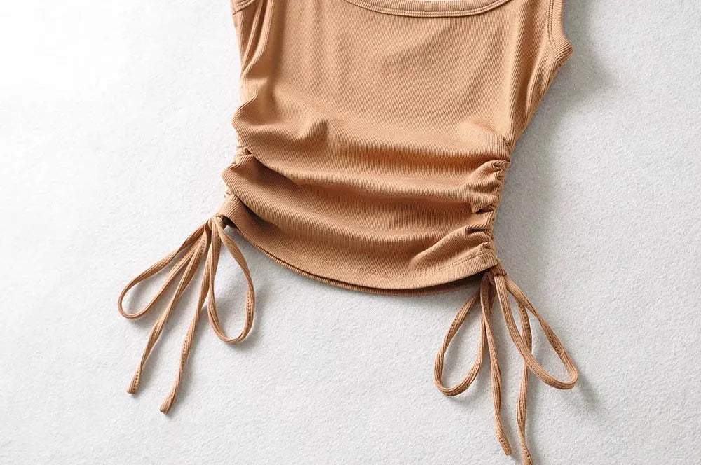 New Arrival Girls Casual Solid Colour Two Side Drawstring Vest Folds Shirring Sexy Tank&Camis