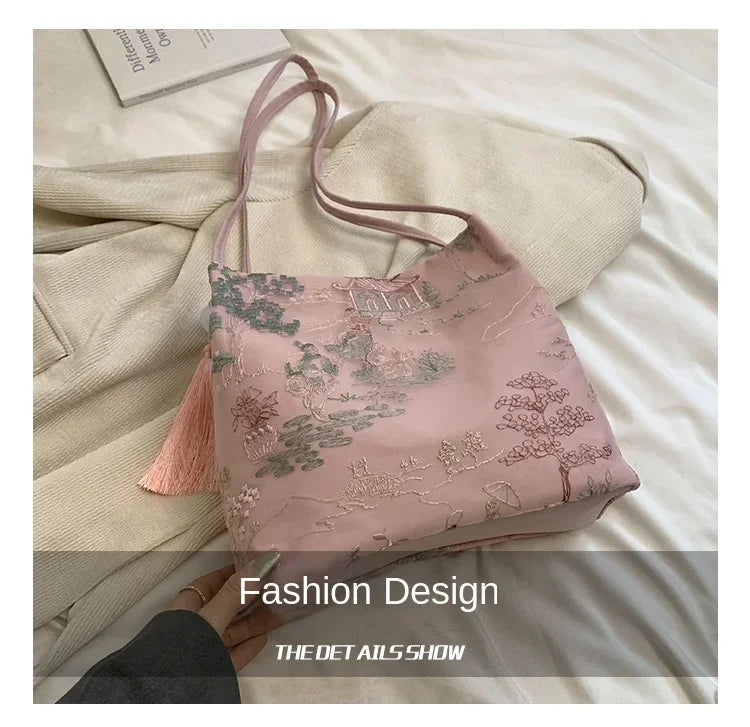 New Chinese Style Retro Bag 2025 New Models Silk Jacquard Fashionable Minimalist Bag Single Shoulder Diagonal Cross Women's Bag