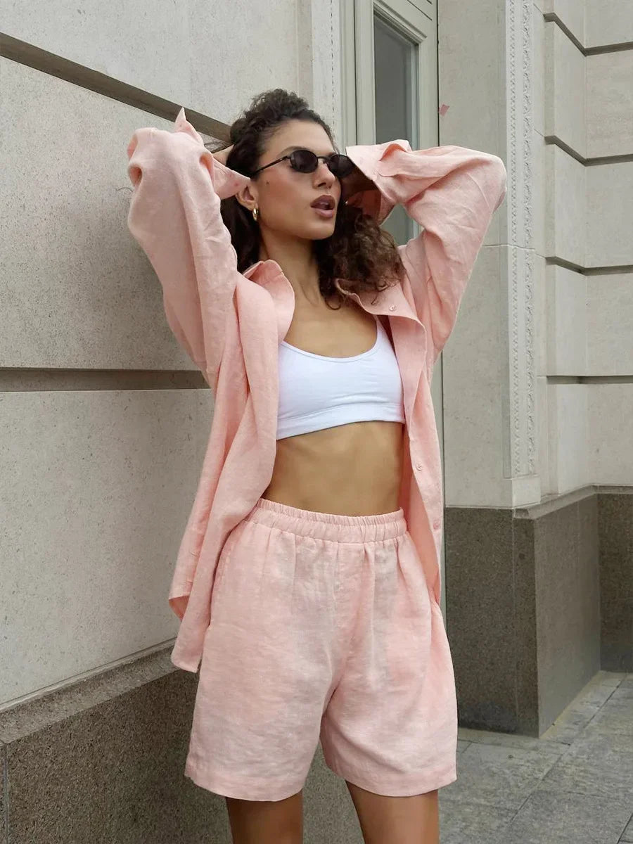 Wolfeel Women's Casual Shorts Sets 100% Cotton Solid Color Cozy Lapel Long Sleeve Shirt Summer New Elastic Waist Shorts Suits