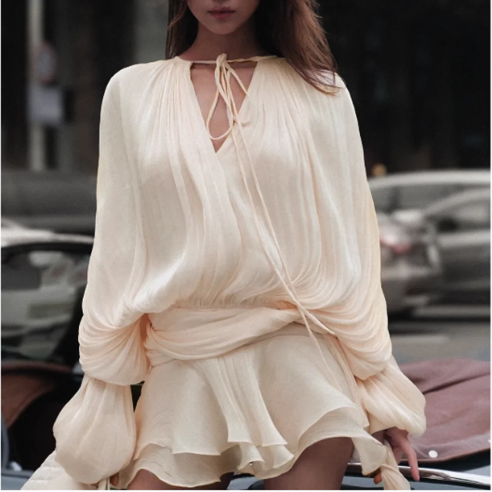 VGH Streetwear Temperament Dresses For Women Round Neck Long Sleeve High Wiast Soild Slimming Mini Dress Female Fashion Clothing