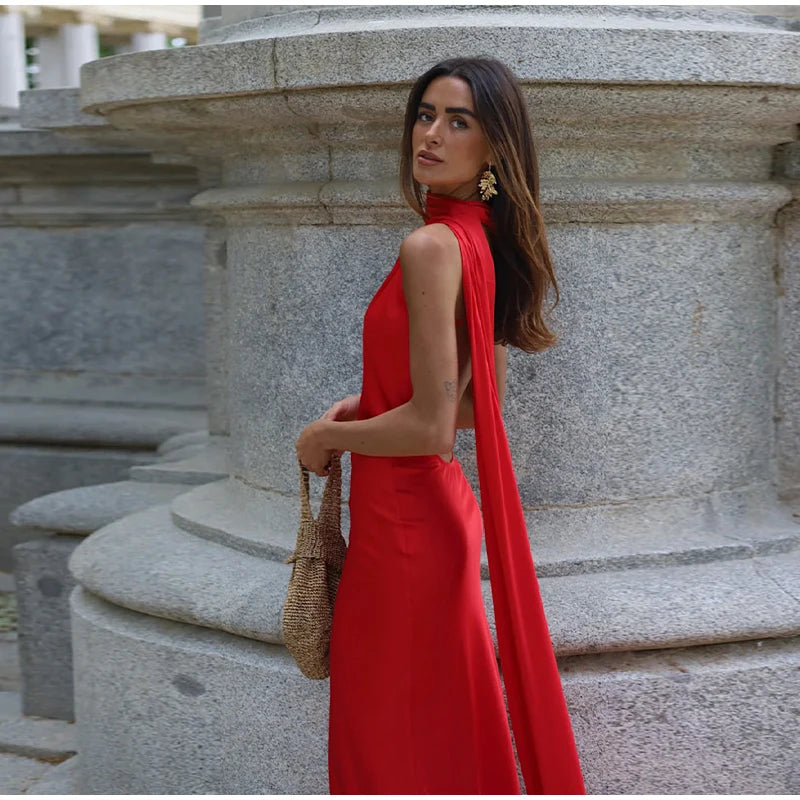 Elegant Solid Ribbon Women Halter Dress Off Shoulder Sleeveless Backless Slim Female Maxi Dresses 2025 Summer New Chic Lady Robe