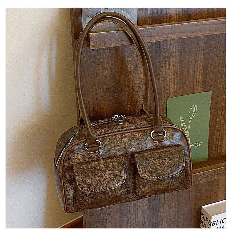 Retro Small Double Pockets Shoulder Bags for Women 2025 New Fashion Trend Designer Underarm Bag Female Handbags and Purses