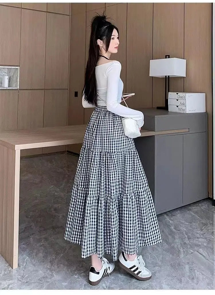 Patchwork Tiered Skirt Women 2025 Summer Vintage Checkered High Waisted Elastic Waist Slimming Midi Skir