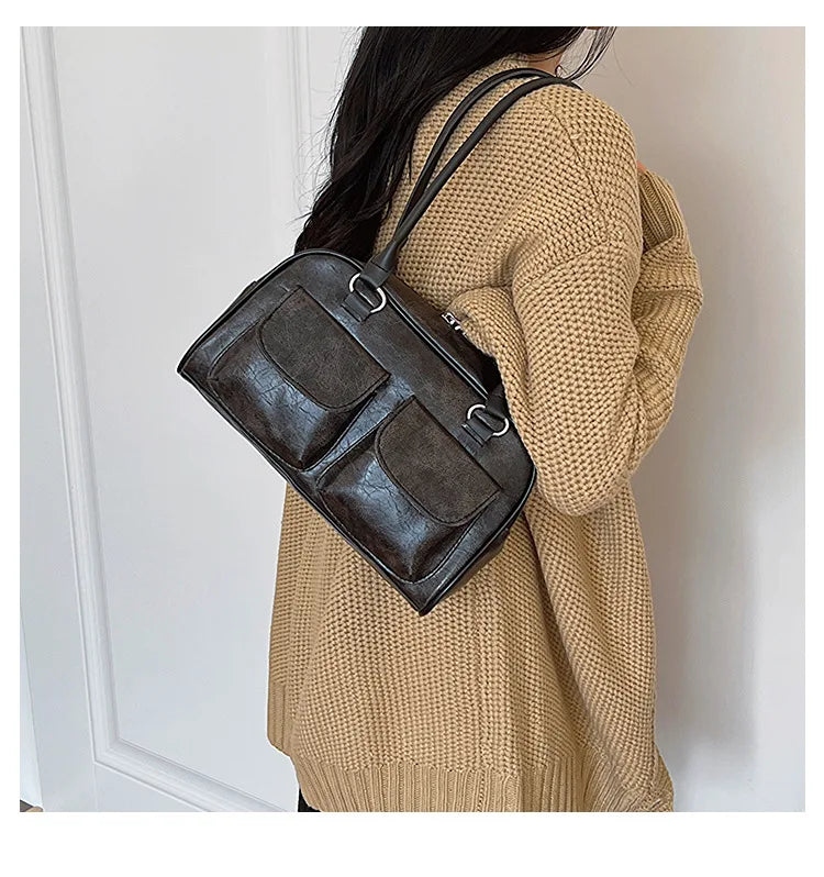 Retro Small Double Pockets Shoulder Bags for Women 2025 New Fashion Trend Designer Underarm Bag Female Handbags and Purses