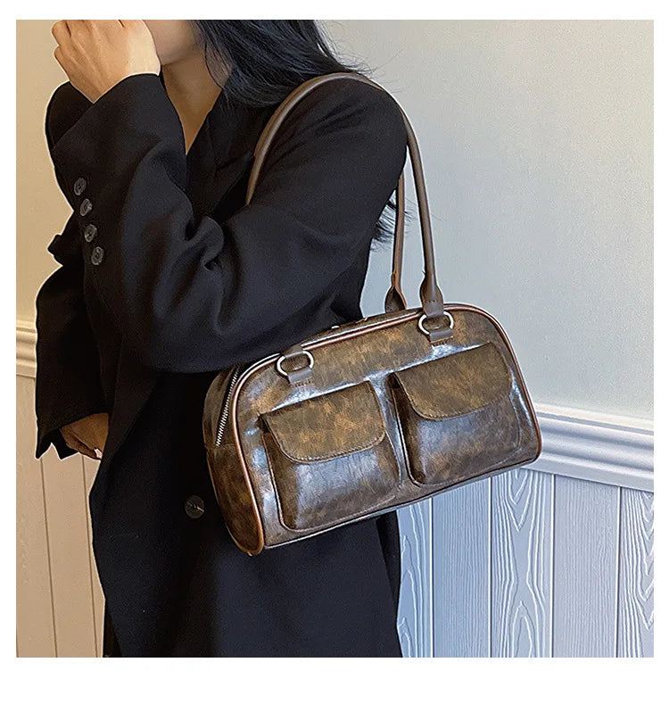 Retro Small Double Pockets Shoulder Bags for Women 2025 New Fashion Trend Designer Underarm Bag Female Handbags and Purses