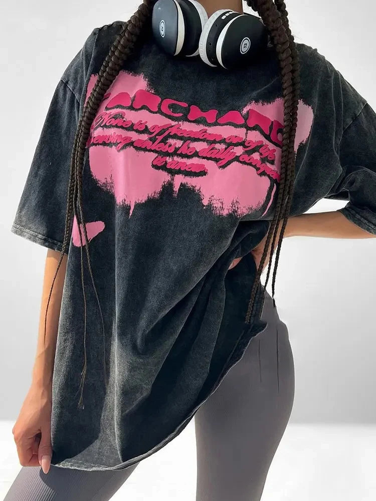 Cotton Washed T-shirt for Women New Attitude Fashion Leopard Prints Tops Loose O-Neck Oversized Short Sleeve Y2k Female Clothes