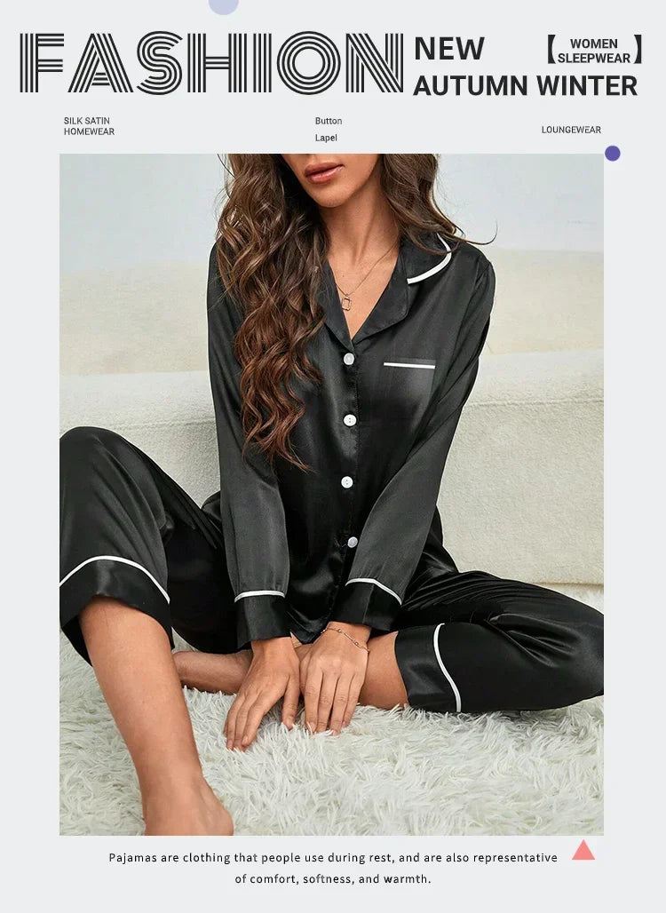 Plus Size Autumn and Winter Silk Pajamas Women Tops and Pants Solid Casual Soft Nightwear Buttons Cardigan Sleepwear Homewear