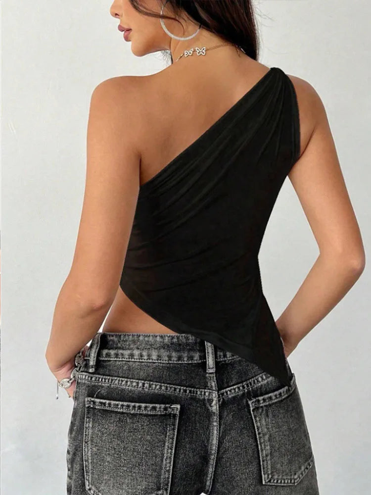 2025 New Fashionable Casual Women's T-Shirt Solid Color Single Shoulder Asymmetrical Slim Fit Top One-Piece Neck