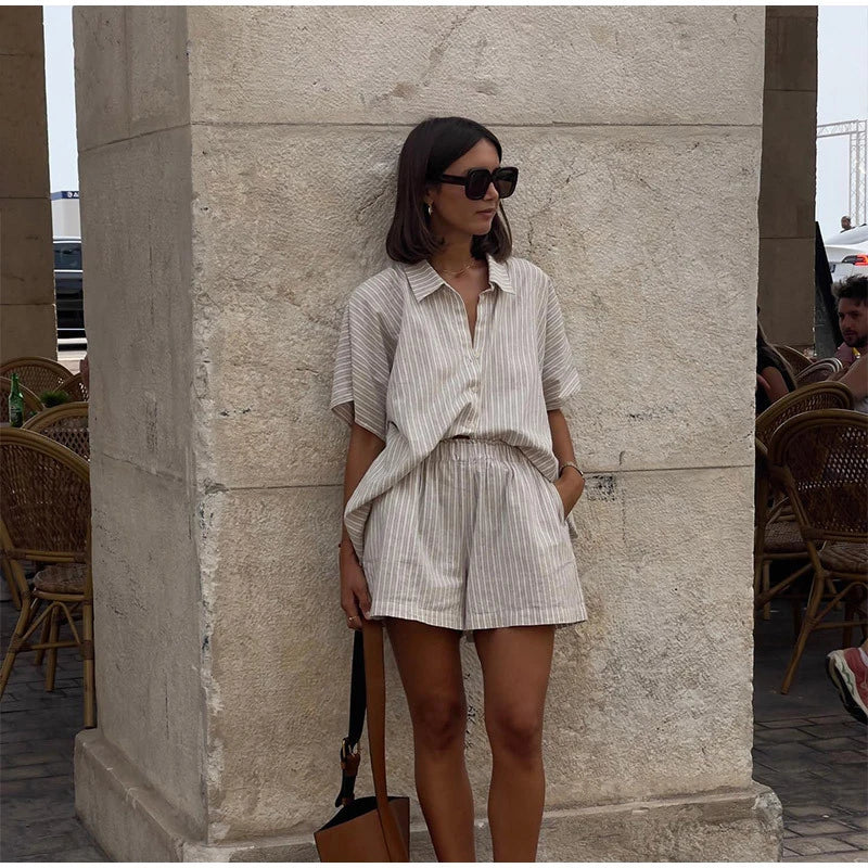 Women Elegant Stripes Cotton Linen Loose Shirt Shorts Suits Fashion Lapel Half Sleeves Elastic Waisted Shorts Summer Lady Outfit