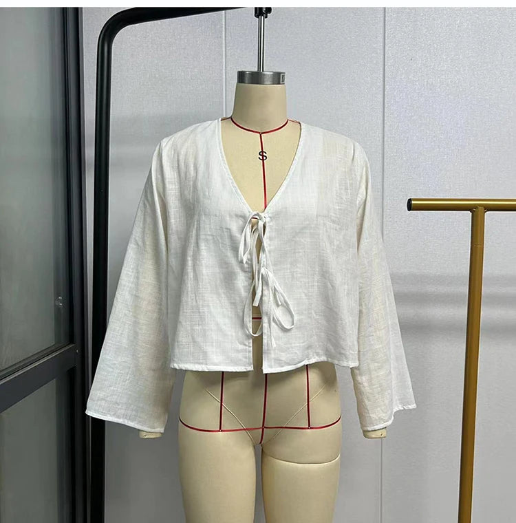 ALOBEE Loose Lace Up Bow Shirt Women Elegant V Neck Long Flare Sleeve Lady 2024 New Spring Summer Simple High Street Female Tops