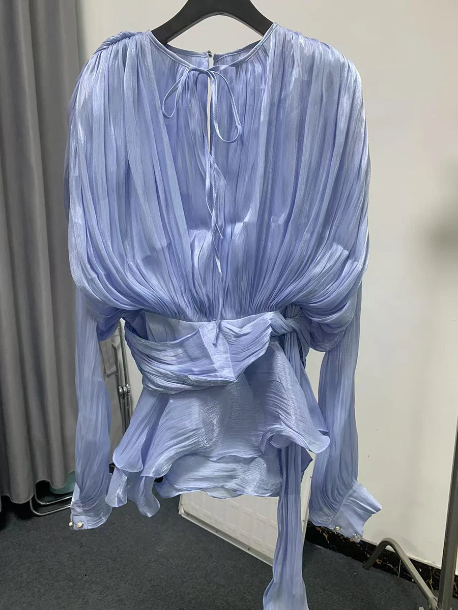 TWOTWINSTYLE Elegant Ruched Mini Dress For Women Round Neck Lantern Long Sleeve High Waist Temperament Dresses Female Fashion