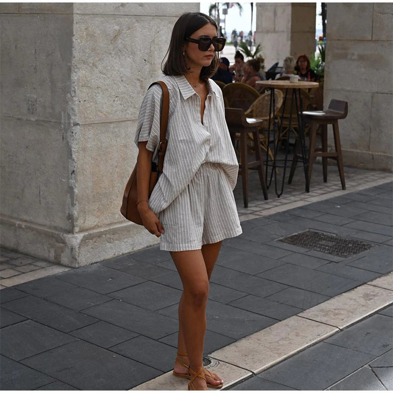Women Elegant Stripes Cotton Linen Loose Shirt Shorts Suits Fashion Lapel Half Sleeves Elastic Waisted Shorts Summer Lady Outfit