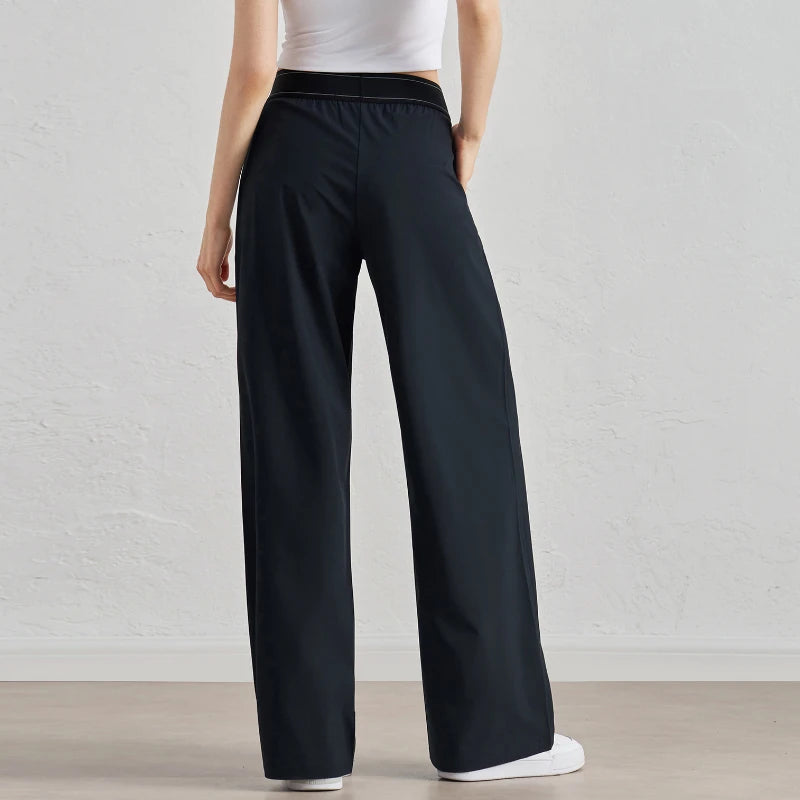 New Sports Yoga Wide Leg Pants Women Summer Elastic Waist Quick Drying Straight Pants Fitness Casual Solid Black Trousers Female