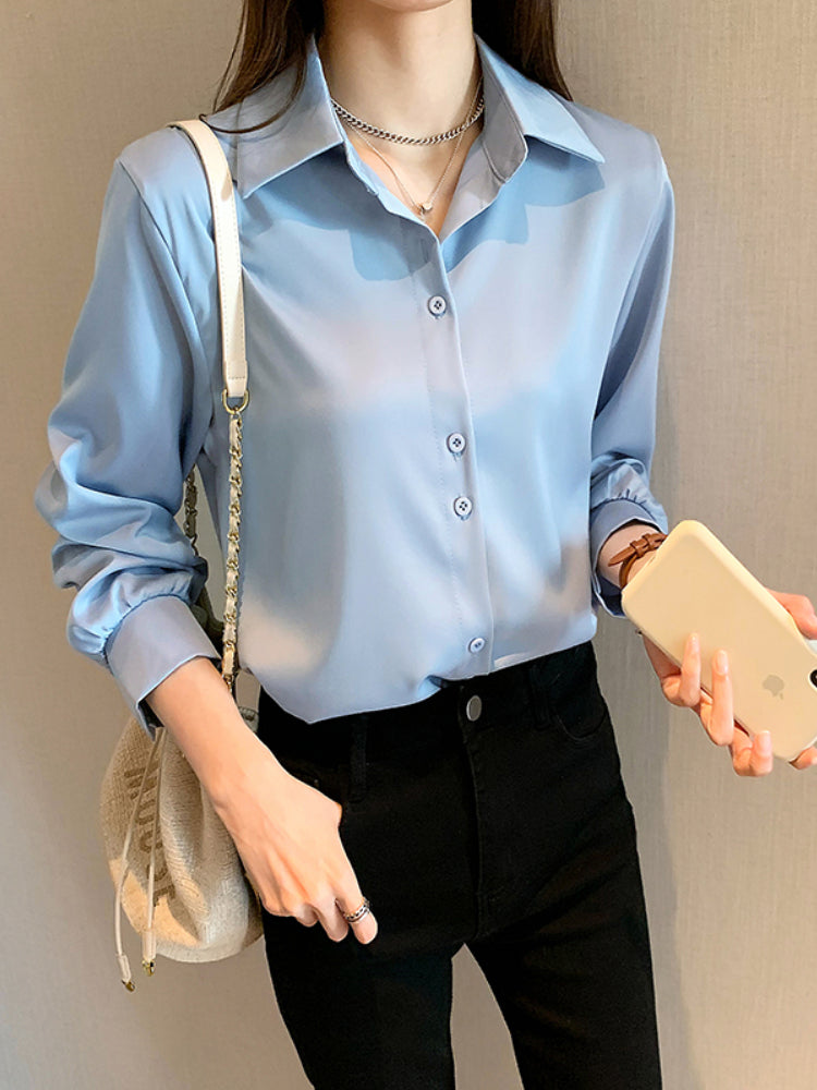 Spring Autumn Casual Chiffon Shirt Women Office Lady Shirts Fashion Female Long Sleeve Loose Solid Blouse Tops  S-4XL
