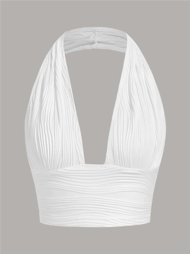 Solid White Backless Crop Halter Top Women Summer Y2K Club Grunge Clothes Deep V-neck Backless Sleeveless Tank Top Streetwear