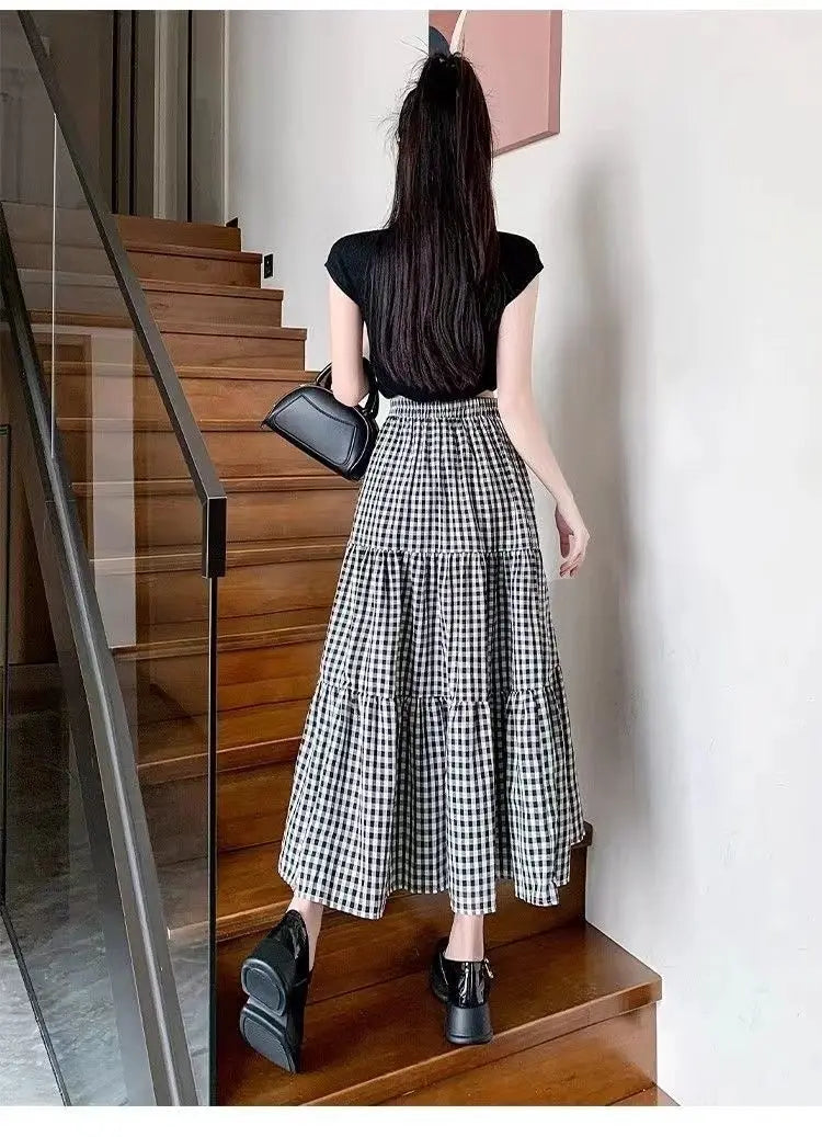 Patchwork Tiered Skirt Women 2025 Summer Vintage Checkered High Waisted Elastic Waist Slimming Midi Skir