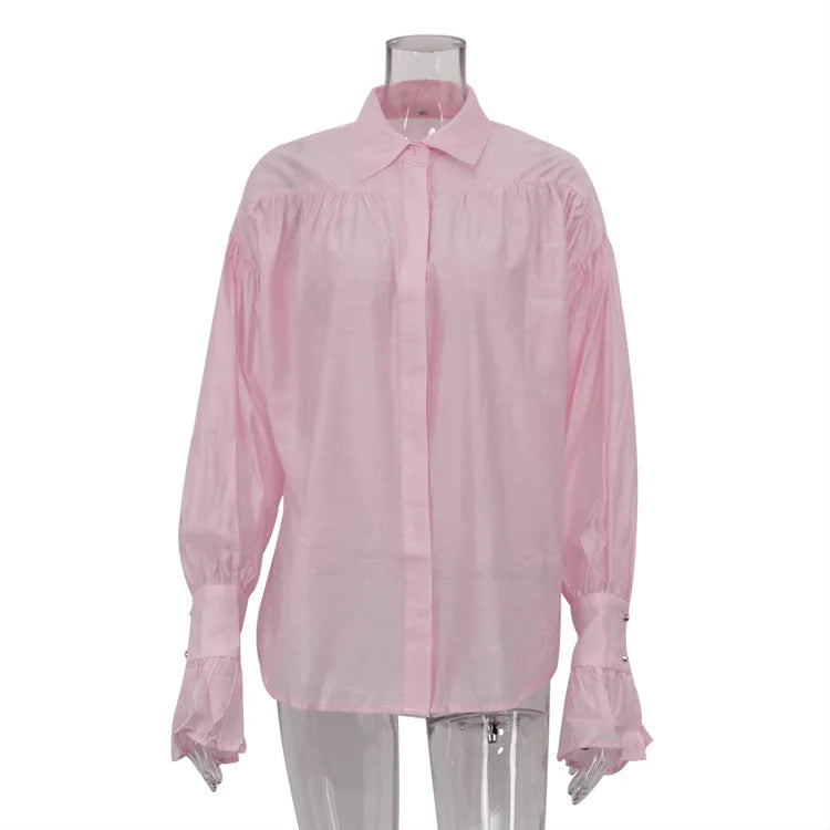 Bornladies Autumn Women's Fashionable Loose Collared Shirt Office Lady Solid Color Versatile Flare sleeve Top Long Sleeved Shirt