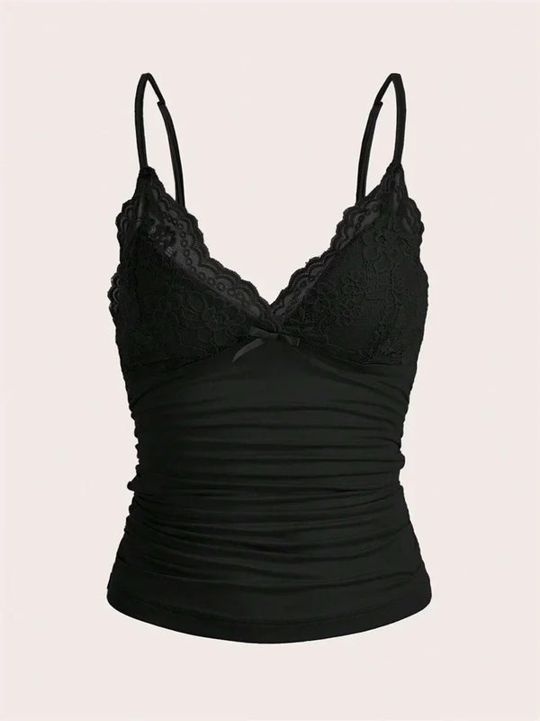 Sexy Contrast Lace Bow Front Crop Cami Top Women 2025 Summer Grunge Punk Y2K Clothes Ruched Skinny Backless Tee Shirt