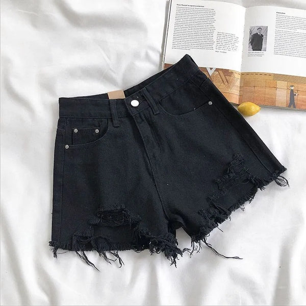 Y2K Vintage Tassel Denim Shorts Fashion Women High Waist Ripped Pocket Korean Jeans Casual Streetwear Blue Solid Hot Trousers