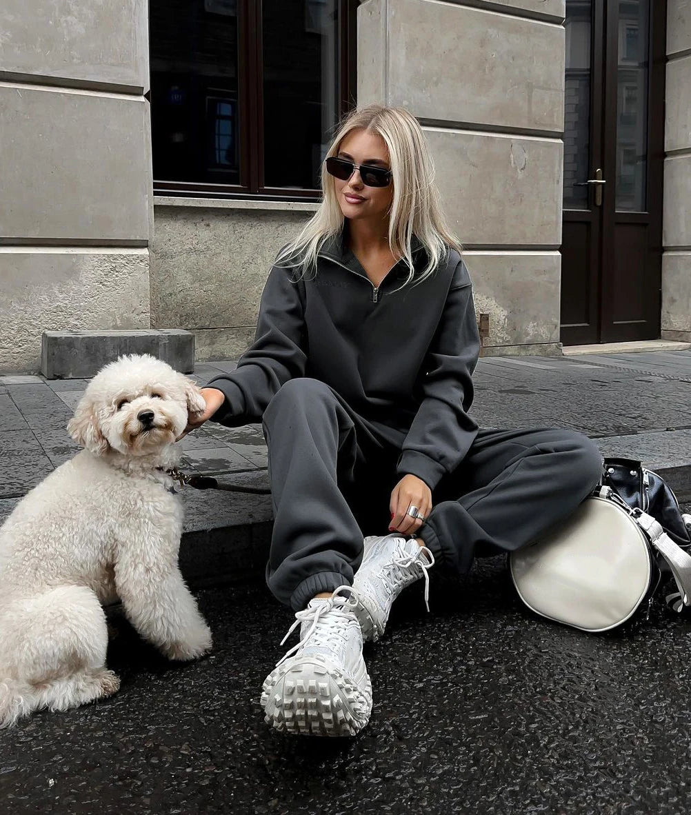 Autumn Women's Tracksuit with Zipper Cotton Oversize White Casual Two Piece Set Women  Classic Sports Trouser Suits for Women