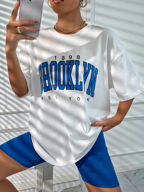 1898 Brooklyn York Letter Drop Shoulder Print T-Shirt Women Vintage Oversized T Shirt Simple Clothes Female Tshirt Y2K Top
