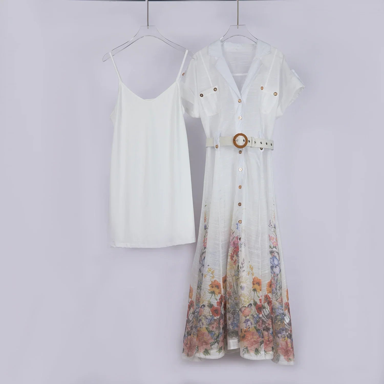 Real Shot Design Sense Positioning Print Single-Breasted Elegant Shirt A-Line Pocket Dress with Belt + Strap