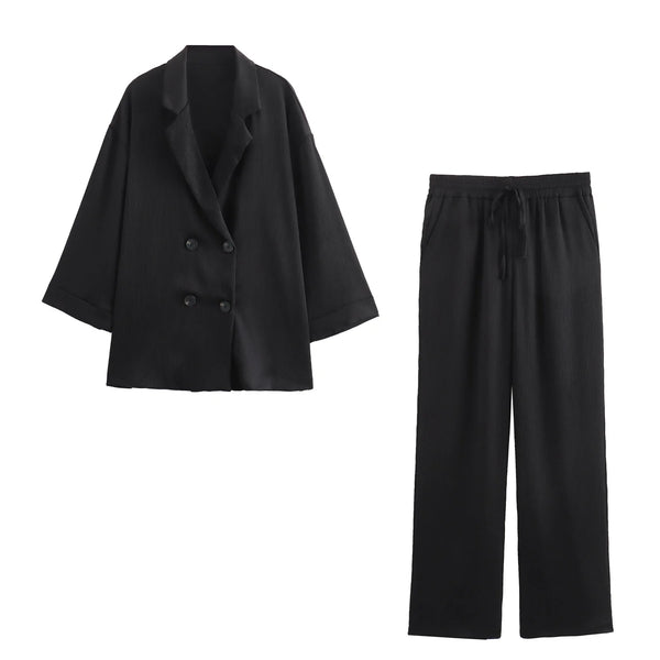 2024 Autumn Women Casual Blazer Coat Pants Set Long Sleeve Double Breasted Blazer + Wide Leg Trousers Lady Office Outfit