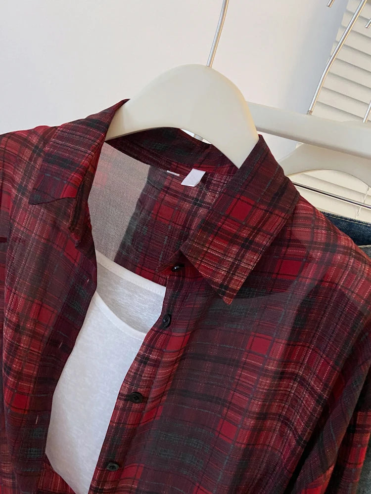 2024 New Red Black Checkered Long Sleeve Sunscreen Shirt for Women's Spring and Autumn, Loose and Lightweight Shirt Top Outer