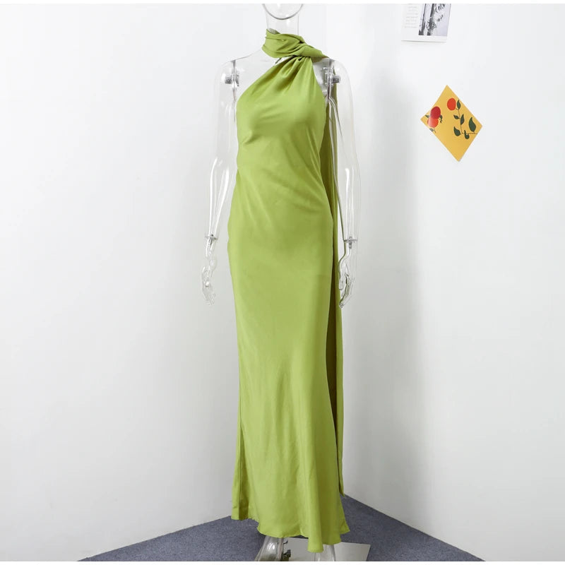 Elegant Solid Ribbon Women Halter Dress Off Shoulder Sleeveless Backless Slim Female Maxi Dresses 2025 Summer New Chic Lady Robe