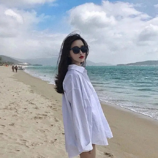 Minimalist Oversize Full Sleeve Women Basic Black Shirt Button Up Blouse  Turn Down Collar BF Long Shirts Autumn Cardigan Tops