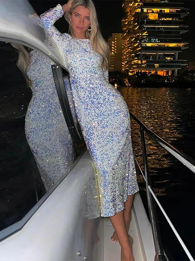 Elegant Sequin Printed Maxi Dresses Women's 2025 Summer Party Gowns Long Sleeve High Waist Slim Round Neck Lady  Evening Dress