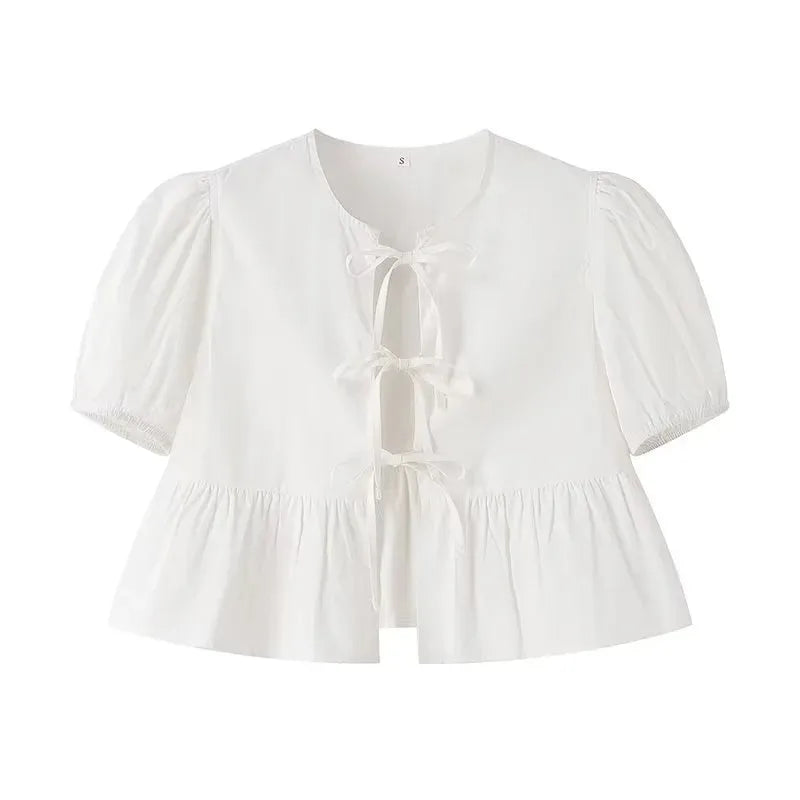 TRAF Ruffle Blouses Woman 2024 Puff Sleeve Shirts and Blouses for Women White Black Ruched Crop Top Female Ruched Women's Blouse