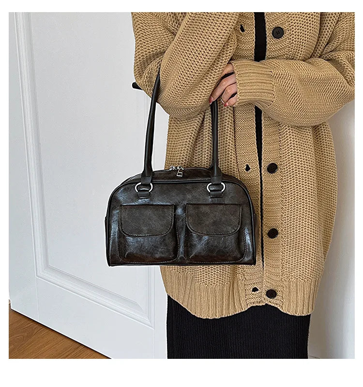 Retro Small Double Pockets Shoulder Bags for Women 2025 New Fashion Trend Designer Underarm Bag Female Handbags and Purses