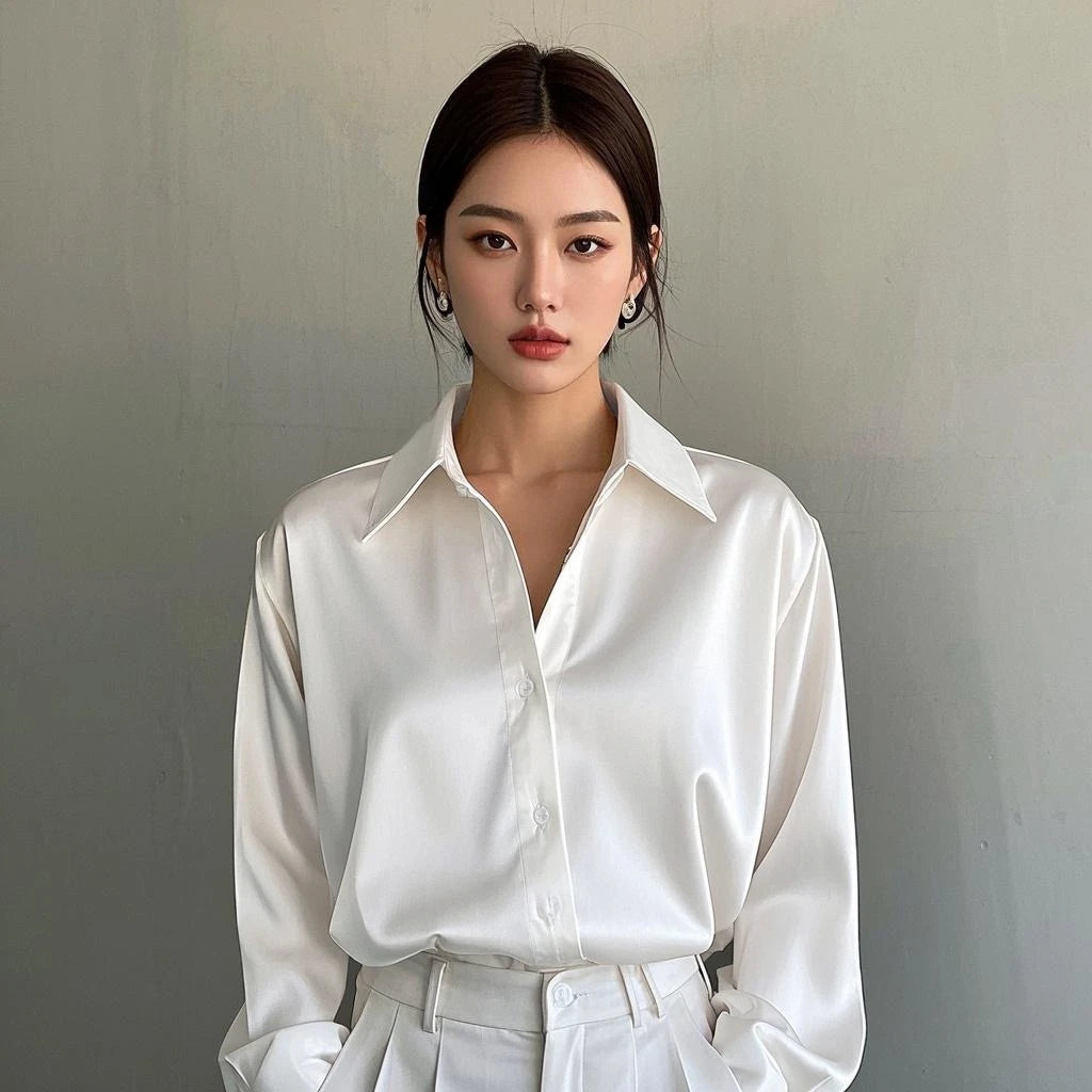 Korean Office Lady Trend Casual Shirt Elegant Blouses For Women Satin Multicolor Basic Slim Shirt Solid All-Match Top French New