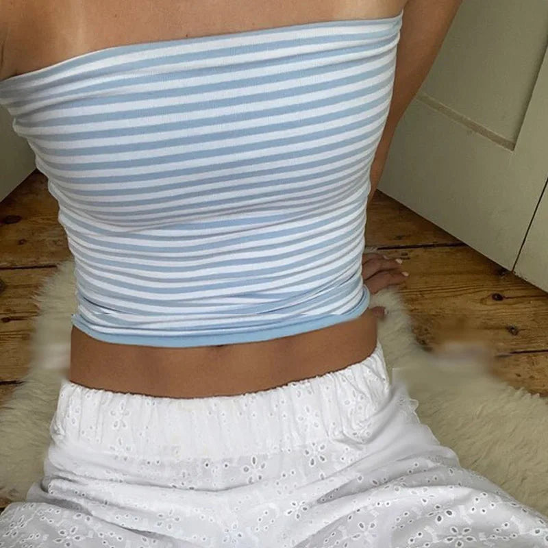 Women Cropped Tube Tops Strapless Off Shoulder Backless Short Tank Summer Party Club Striped/Solid Mini Vest 2024 New