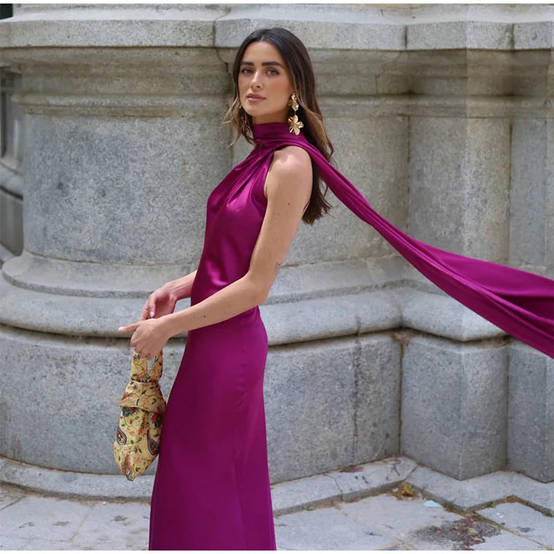 Elegant Solid Ribbon Women Halter Dress Off Shoulder Sleeveless Backless Slim Female Maxi Dresses 2025 Summer New Chic Lady Robe