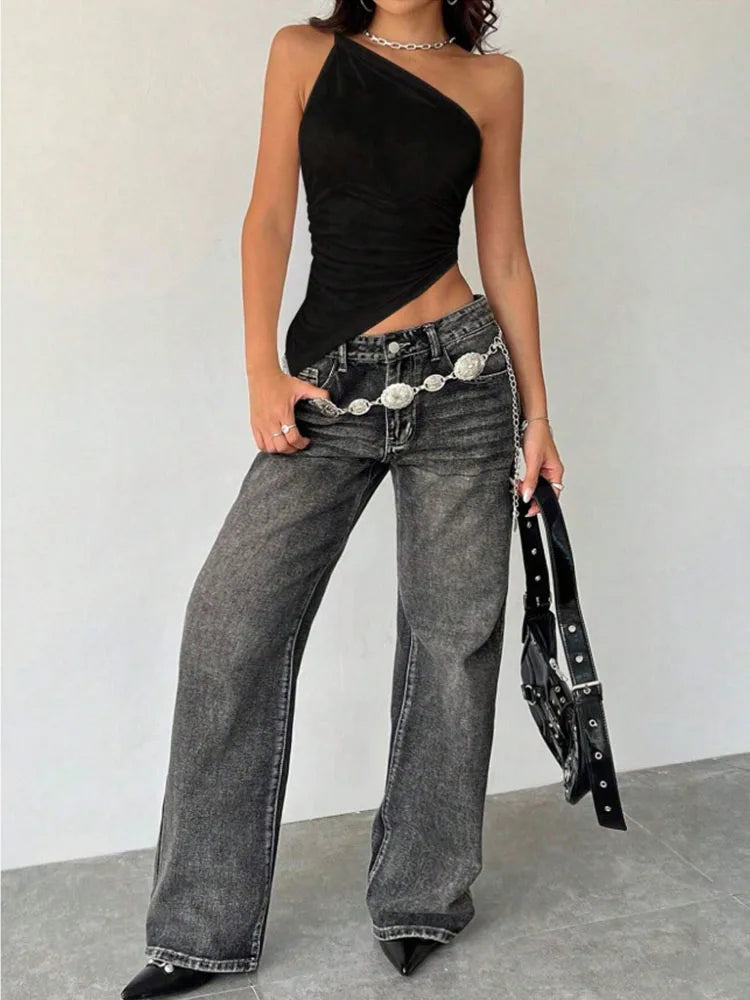 2025 New Fashionable Casual Women's T-Shirt Solid Color Single Shoulder Asymmetrical Slim Fit Top One-Piece Neck