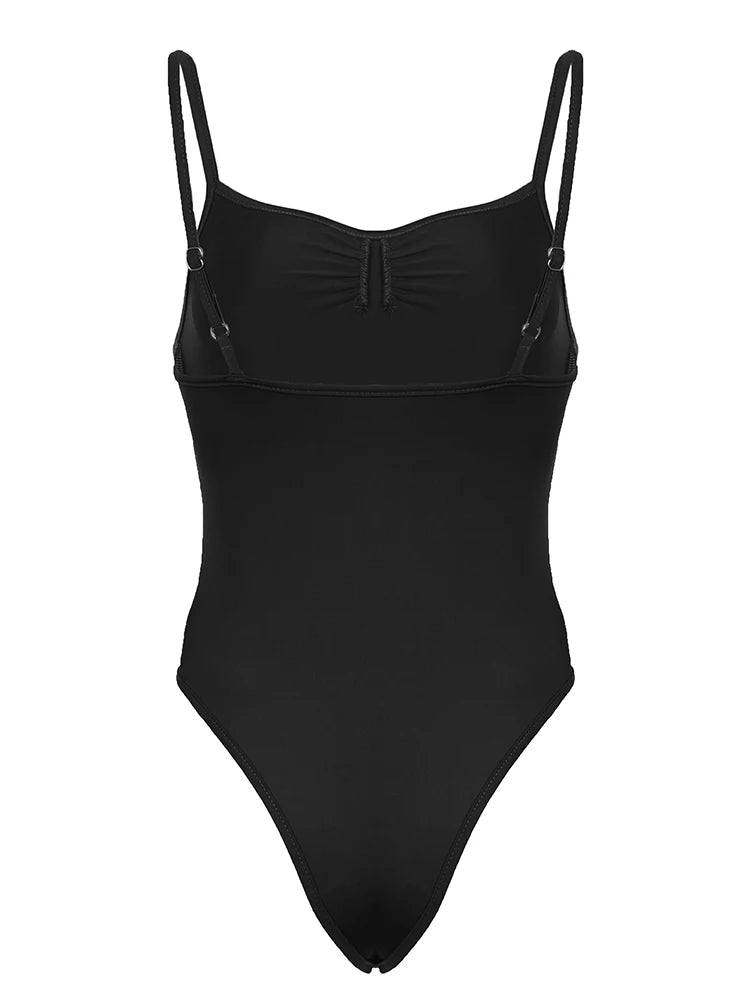 Sweetown Sleeveless Skinny Shirring Skinny Sexy Spaghetti Strap Bodysuit For Women Black Solid Simple Basic Vacation Camisole