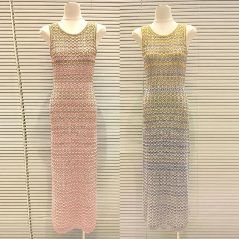 CHUJIE Women's Dress 2025 Spring/Summer New Design Gradually Changes Color, Fashion Elegant Slim Fit Round Neck Sleeveless Dress